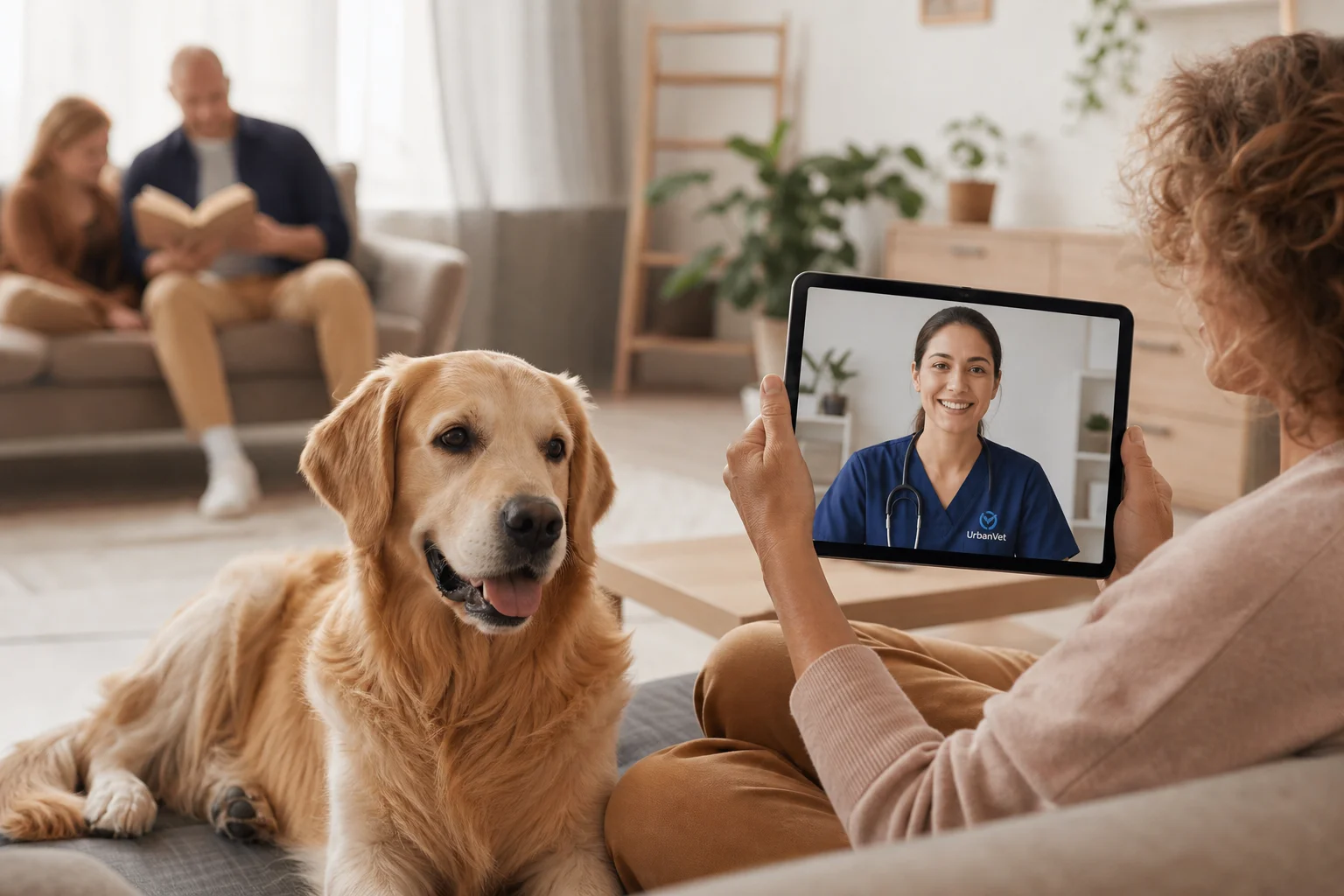 Pet owner using a tablet for a live video consultation with a veterinarian while their dog rests nearby