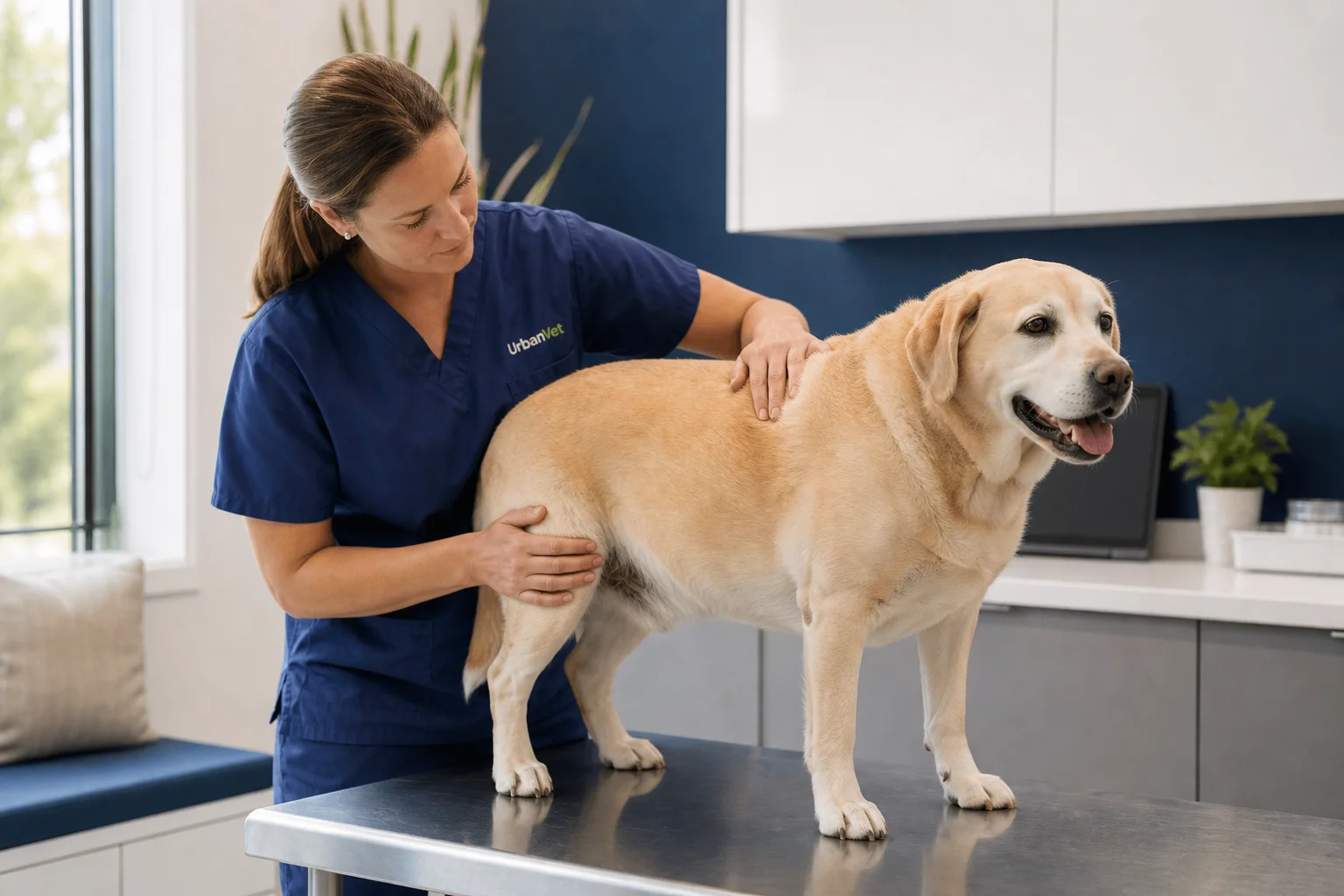 Veterinarian discussing an overweight dog diet plan during a weight check exam in a Newport Beach clinic