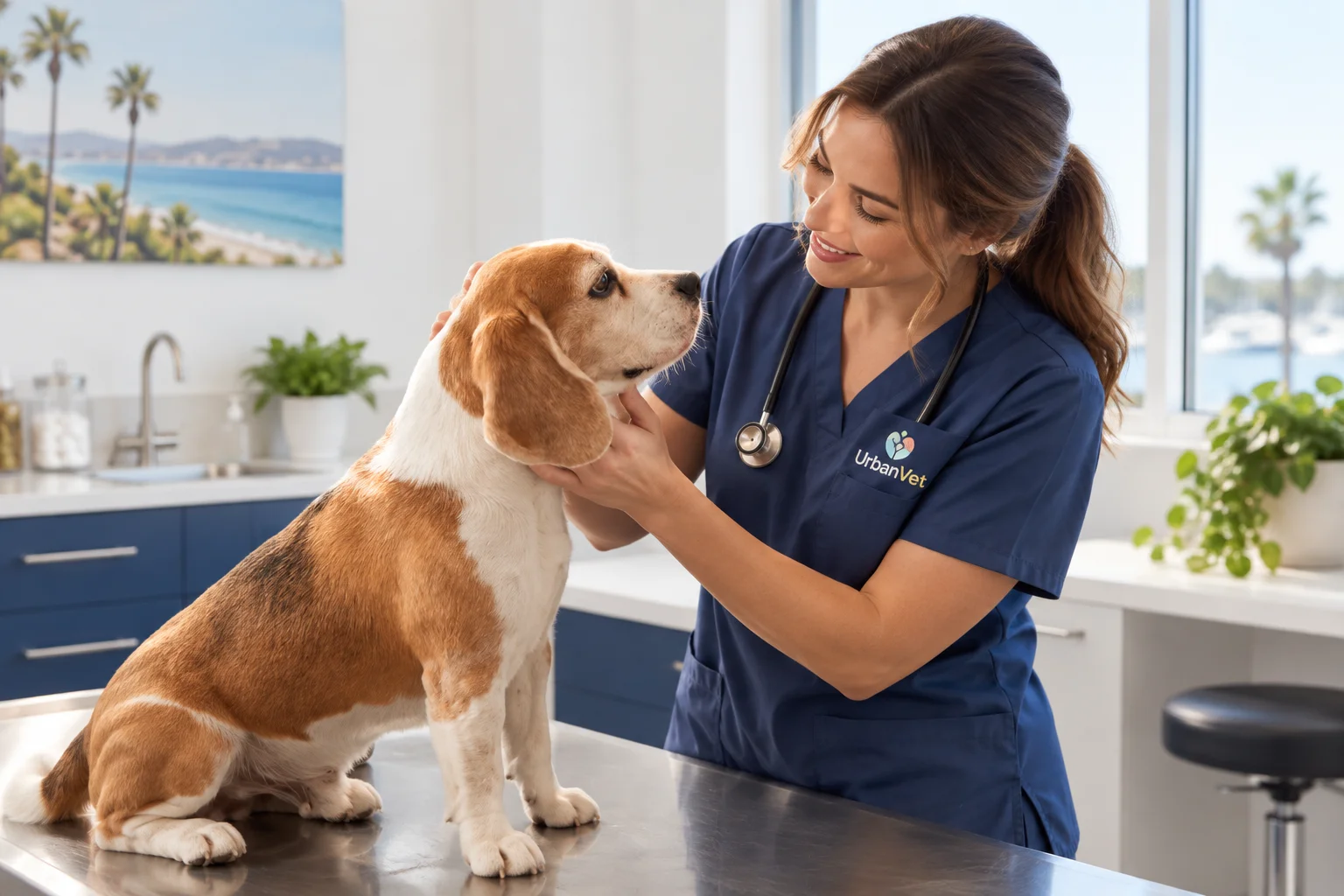 Veterinarian examining a dog before a dog vasectomy procedure in a modern Newport Beach clinic