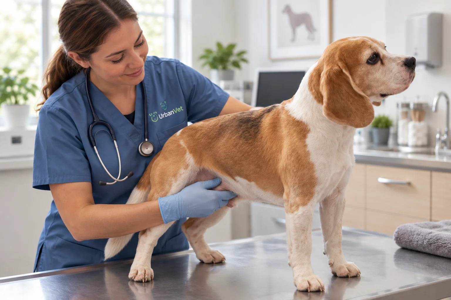Veterinarian in surgical scrubs examining a dog before a vasectomy procedure in a bright Newport Beach clinic exam room